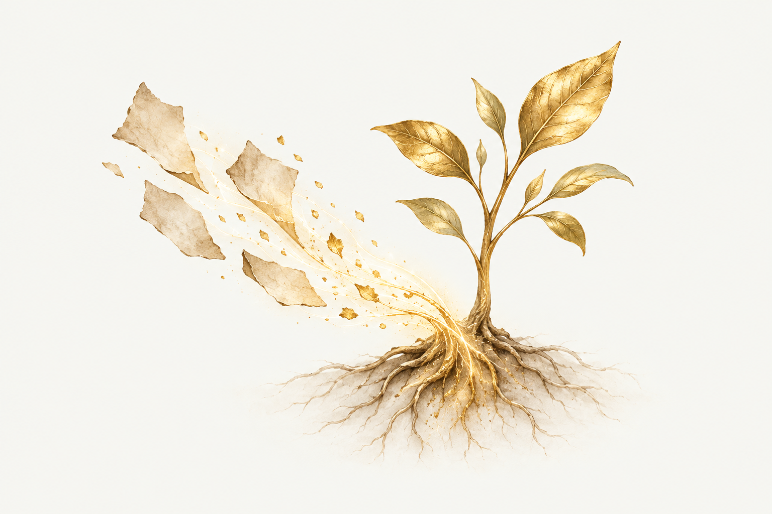 Fragments of experience gather into the roots of a golden sapling.