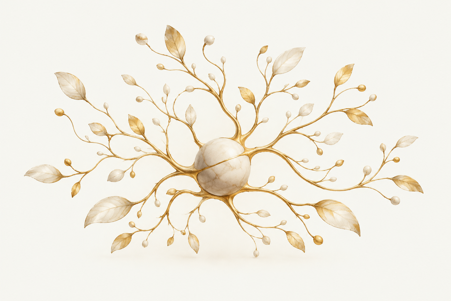 Golden knowledge branches grow beyond a small ivory model core.