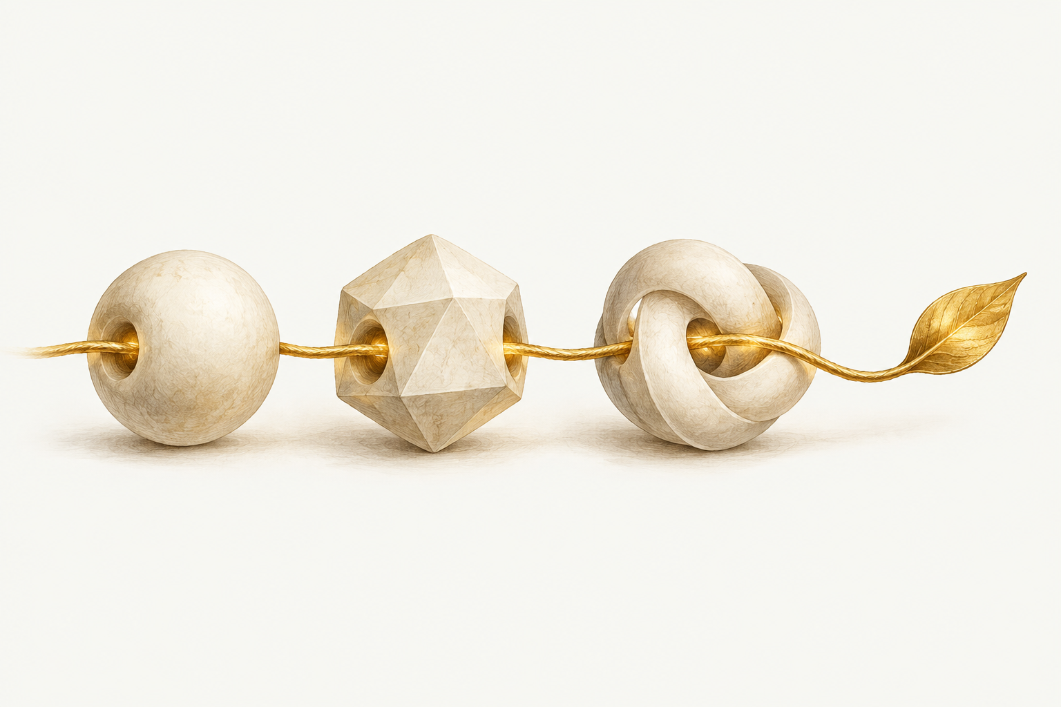One continuous golden thread carries progress through three changing model forms.